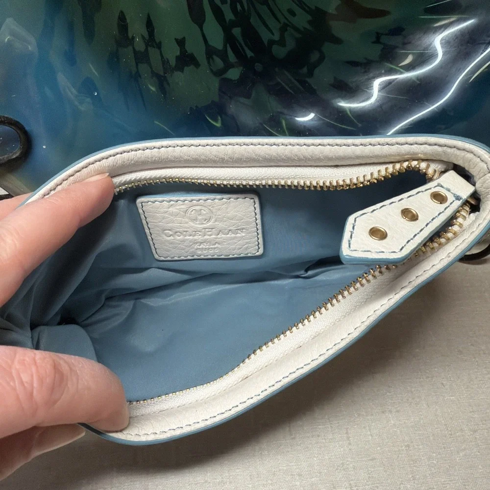 Cole Haan Kayla Cream Leather Wristlet Pouch Boho Perforated Embroidered Y2K